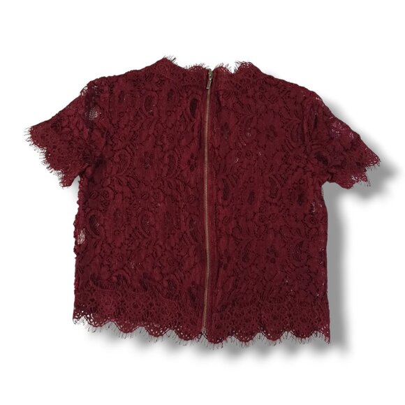 Zara Trafaluc Womens Lace Top Blouse Dark Red Cropped See Through Sheer Size S - Picture 2 of 6